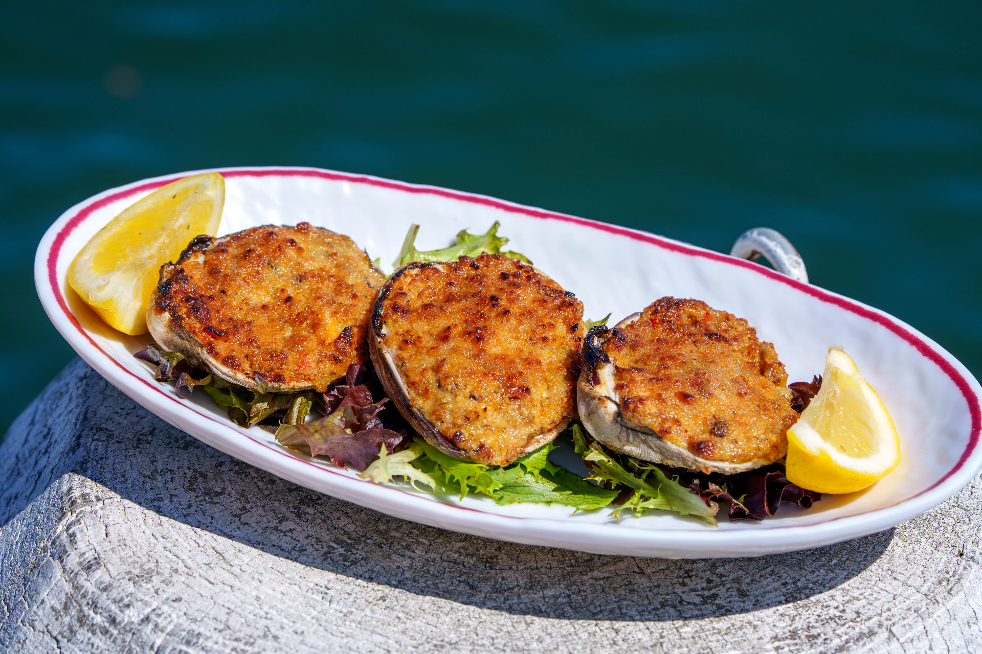 Baked clams with lemon at the waterfront