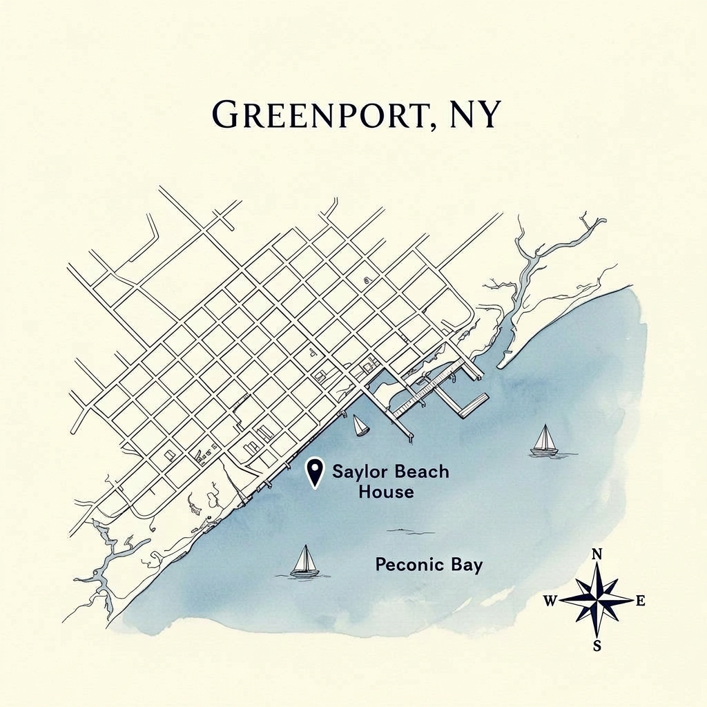 Illustrated map of Greenport, NY showing Saylor Beach House on the Peconic Bay waterfront